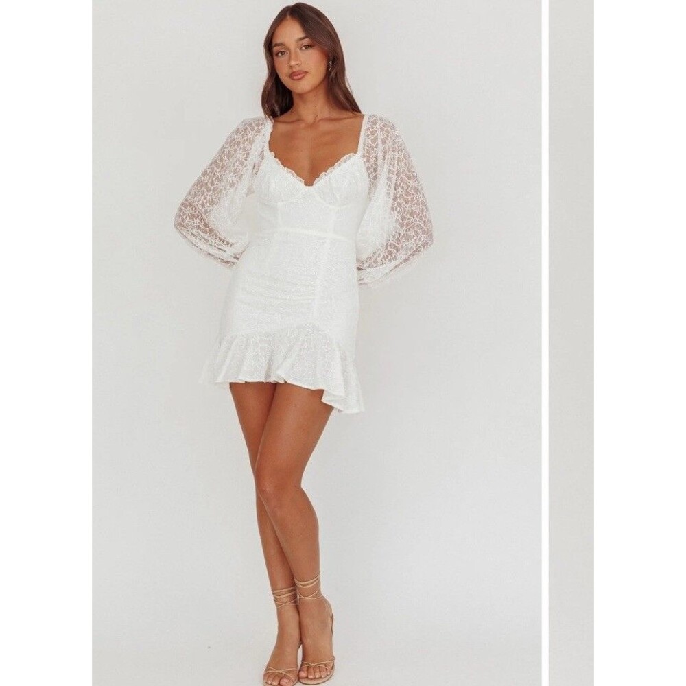 Selfie Leslie L Halley Balloon Sleeve Frill Bust Flounce Hem Lace Dress White - Picture 3 of 9